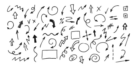 Naklejka premium A collection of various hand drawn symbols arrows and mathematical notation marks