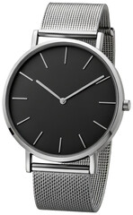 Sleek and minimalist stainless steel wristwatch with a matte black dial featuring slender silver hour markers and hands, displayed with the time at approximately, isolated on transparent background.