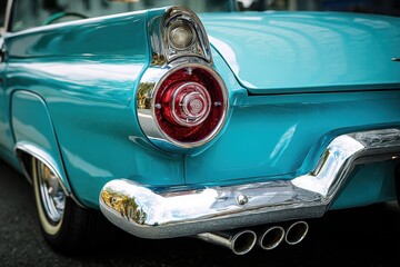 Classic car design featuring chrome rear tail lights and streamlined bumper with distinctive exhaust showcasing vintage style on a sunny day