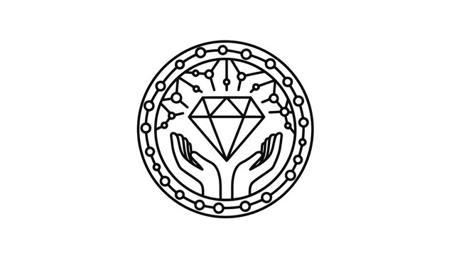 Line art icon of hands holding diamond with network elements in circle for technology