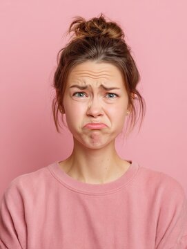 portrait of displeased upset female frowns face as going to cry being discontent and unhappy as cant achieve goals isolated over pink studio background dissapointed young woman has troubles no logos 