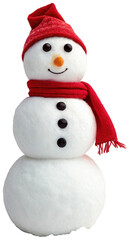 Charming, traditionally styled felt snowman with a bright red knitted hat and scarf, featuring black bead eyes and a cheerful orange carrot nose, standing, isolated on transparent background.