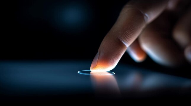 Extreme close-up of a finger pressing a physical power button on a computer or tablet as the screen fades to black, symbolizing shutdown, control, ending and digital pause.
