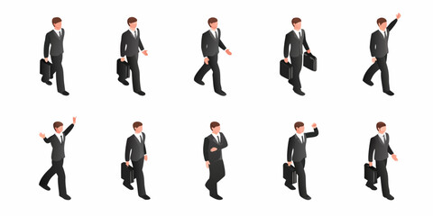 Fototapeta premium Isometric businessmen walking in different poses with briefcases a visual sequence