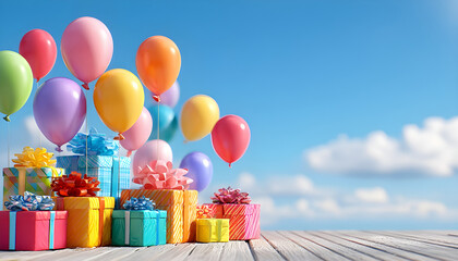 Colorful balloons rising into the air against a blue sky backdrop. Gifts wrapped in colorful paper on a table.