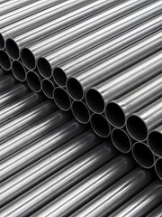 Close Up of Stacked Stainless Steel Pipes Industrial Infrastructure Metal Manufacturing and Plumbing Material