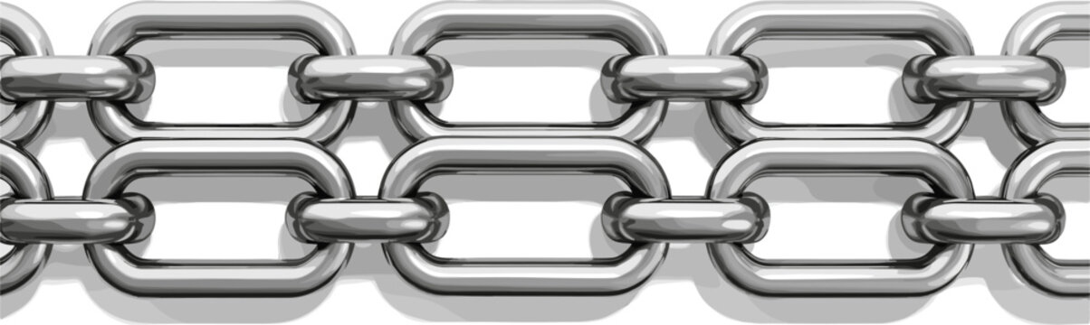 Realistic horizontal heavy duty chrome metal chain links vector illustration for industrial security strength connection and structural engineering design concepts on white background