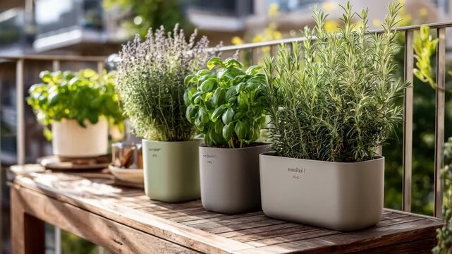Medium shot of a compact patio herb gardening kit with rosemary and thyme flourishing in stylish containers on a sunny outdoor balcony.