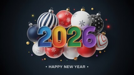 Happy New Year 2026 with vibrant festive ornaments and confetti on a d