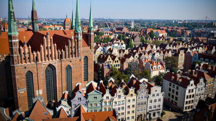 Gdansk old town skyline with historic church and colorful townhouses
