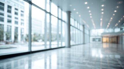 Modern blurry office building interior with large windows and bright reflective floor for background