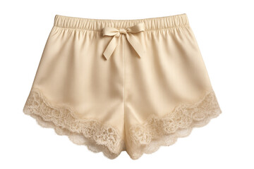 Beige silk sleep shorts featuring delicate lace trim and a decorative bow, providing comfort and elegance. Transparent background