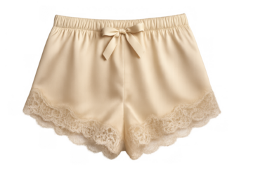 Beige silk sleep shorts featuring delicate lace trim and a decorative bow, providing comfort and elegance. Transparent background