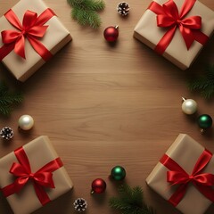 Christmas Gift Boxes Flat Lay on Wooden Table