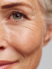 50s middle aged old woman looking at camera isolated on white background advertising dry skin care treatment anti age skincare beauty plastic surgery cosmetology procedures close up half face view no