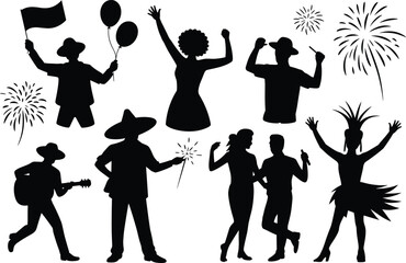 Obraz premium People Celebrating at Party Silhouette Set with Fireworks Balloons and Music for Festival Carnival Event New Year Celebration Vector Illustration
