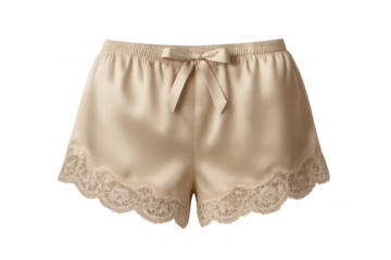 Beige silk pajama shorts with lace trim and ribbon detailing, comfortable sleepwear for women