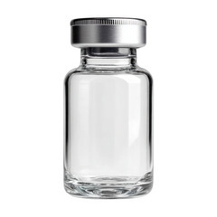 Clear glass vial with silver cap isolated on transparent background