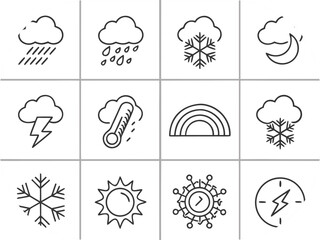 Twelve Outline Icons Depicting Weather Phenomena on a White Background symbol graphic