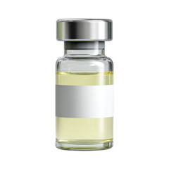 Glass vial with silver cap and yellow liquid isolated on transparent background