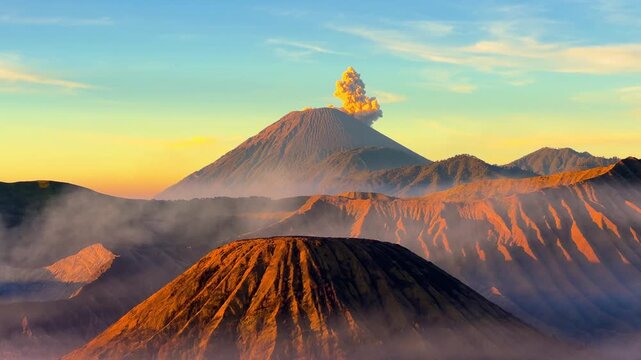 Eruption of the Bromo volcano during sunrise in the Bromo-Tengger-Semeru National Park, East Java, Indonesia. The Tengger volcanic caldera is in cloud and fog. Dawn. 4К