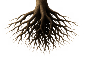 Tree roots forming intricate branching network, representing growth, stability, and natural connection on transparent background