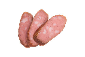 pieces of smoked sausage isolated on white background, top view, slices of cold smoked meat for any design of smoked sausage isolated
