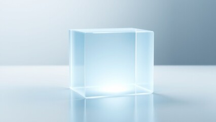 A luminous, transparent cube with soft glowing light emanating from within, set against a minimalist, serene background