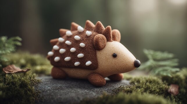 Close-up of a cute hedgehog cookie resting on mossy ground in a forest - Powered by Adobe