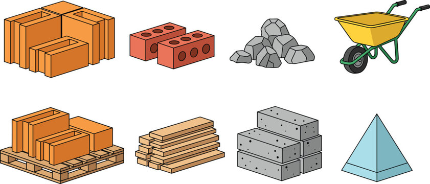Isometric building materials vector set featuring stacks of red bricks wooden planks concrete blocks stone piles and a yellow construction site wheelbarrow.