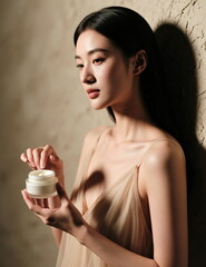 A young attractive slender girl with clear skin applies cream to her body on a delicate background