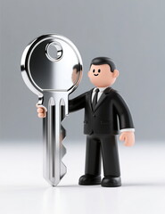 Model of businessman realtor with apartment key on white background