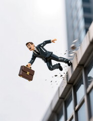 A businessman with a briefcase jumps out of his skyscraper office, financial crisis, falling chart