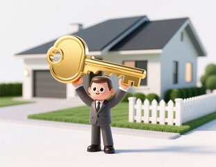A real estate businessman model holds a golden key to a new country house.