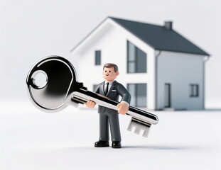 A model of a businessman realtor with an apartment key against the background of a new building