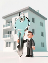 A model of a businessman realtor with an apartment key against the background of a new building