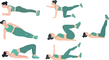 Woman Core Workout Exercise Set – Plank, Abs and Glute Bridge Vector
