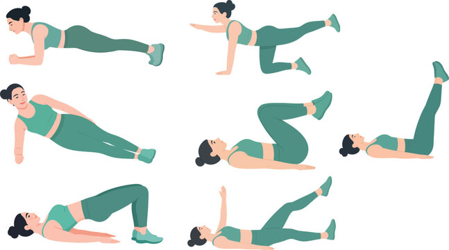 Woman Core Workout Exercise Set &ndash; Plank, Abs and Glute Bridge Vector