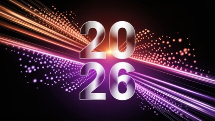 Dynamic 2026 year design with bright colorful light trails and particl