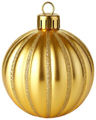 Lustrous golden spherical Christmas ornament with a ribbed texture and a metallic sheen, delicately suspended by a decorative loop, illuminated by soft studio, isolated on transparent background.