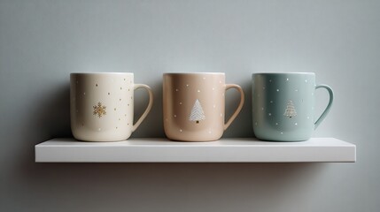 Three festive holiday mugs with winter motifs displayed on a shelf against a grey wall