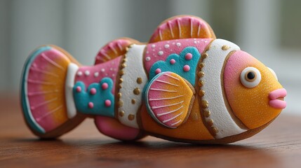 Whimsical clownfish cookie decorated with vibrant icing and gold accents on a wooden surface