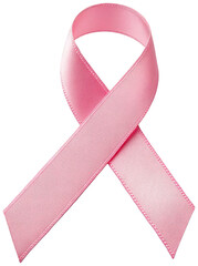 Delicate pastel pink satin ribbon, meticulously folded into the universally recognized breast cancer awareness ribbon shape, displays a subtle sheen and soft, isolated on transparent background.