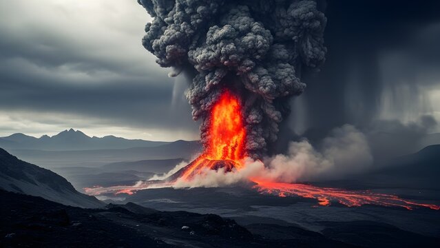 A powerful volcanic eruption featuring a bright lava fountain erupting from the crater, surrounded by thick ash clouds and flowing lava across a dark volcanic landscape. Dramatic storm clouds intensif