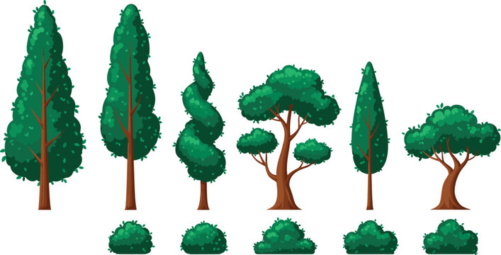 Flat vector illustration set of green deciduous trees cypress and manicured garden shrubs for landscape design outdoor park and nature forest background compositions.