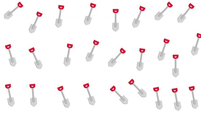 Pattern of Red and Silver Garden Shovels Isolated on White Background, Repetitive Tool Concept, Top-Down View, Graphic Design