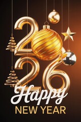 Golden 2026 Happy New Year text with festive shiny holiday ornaments o