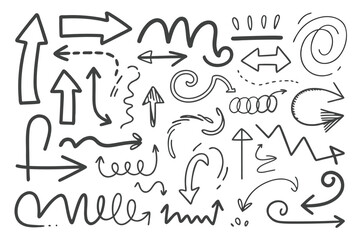 A collection of hand drawn arrows swirls and various doodle elements scattered across a white background