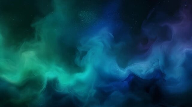 Dark abstract ambience merging emerald and sapphire hues with slow motion mist weaving softly across cosmic background