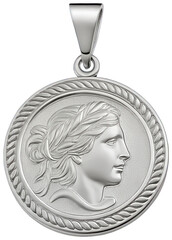Highly detailed, polished silver-colored circular pendant featuring a relief portrait of a classical female figure with flowing hair, rendered in a realistic, isolated on transparent background.